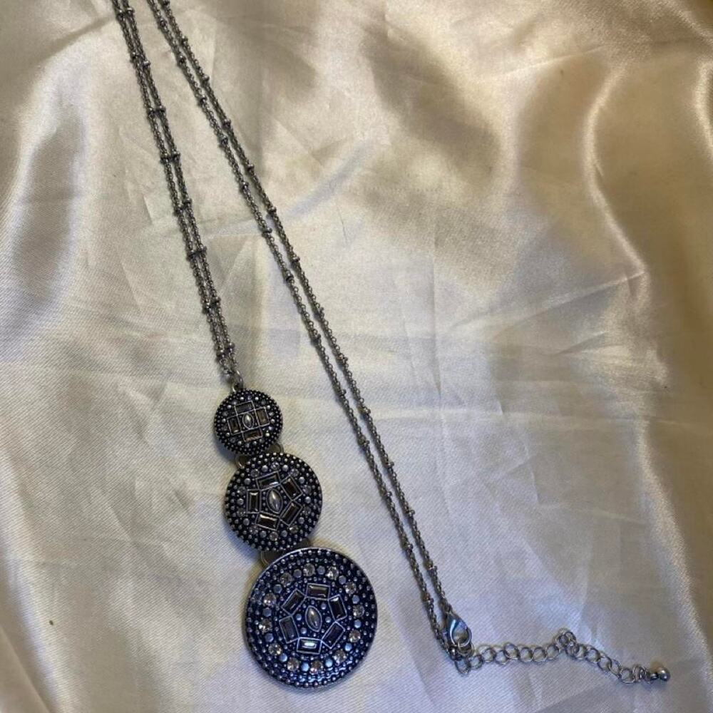 Vintage Long Art Deco Revival Triple Medallion Rhinestone Necklace Silver Tone